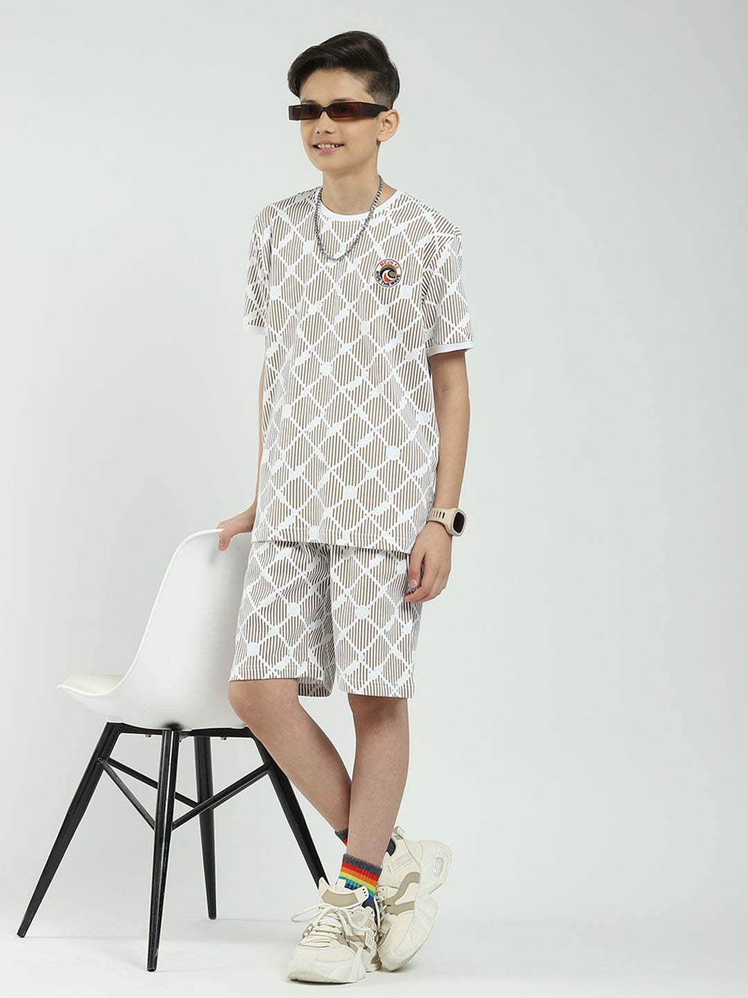 Boys Brown Printed Round Neck Half Sleeve Bermuda Set