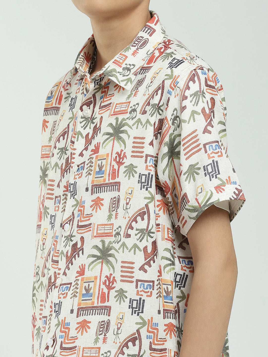 Boys White Printed Collar Half Sleeve Cords Set