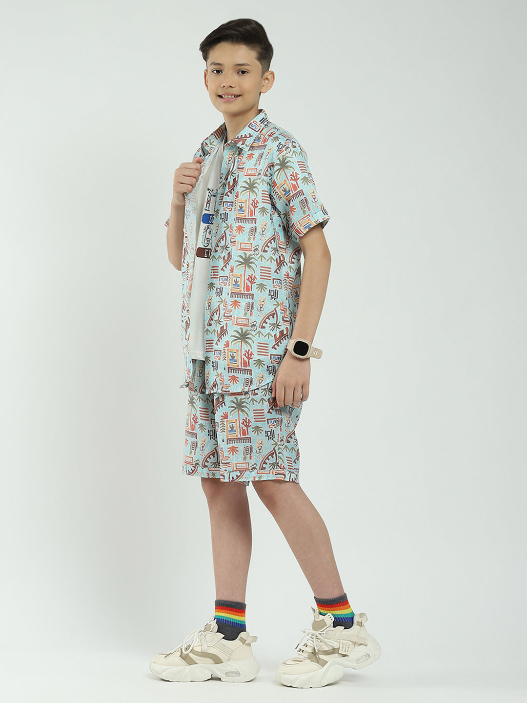 Boys Blue Printed Collar Half Sleeve Cords Set