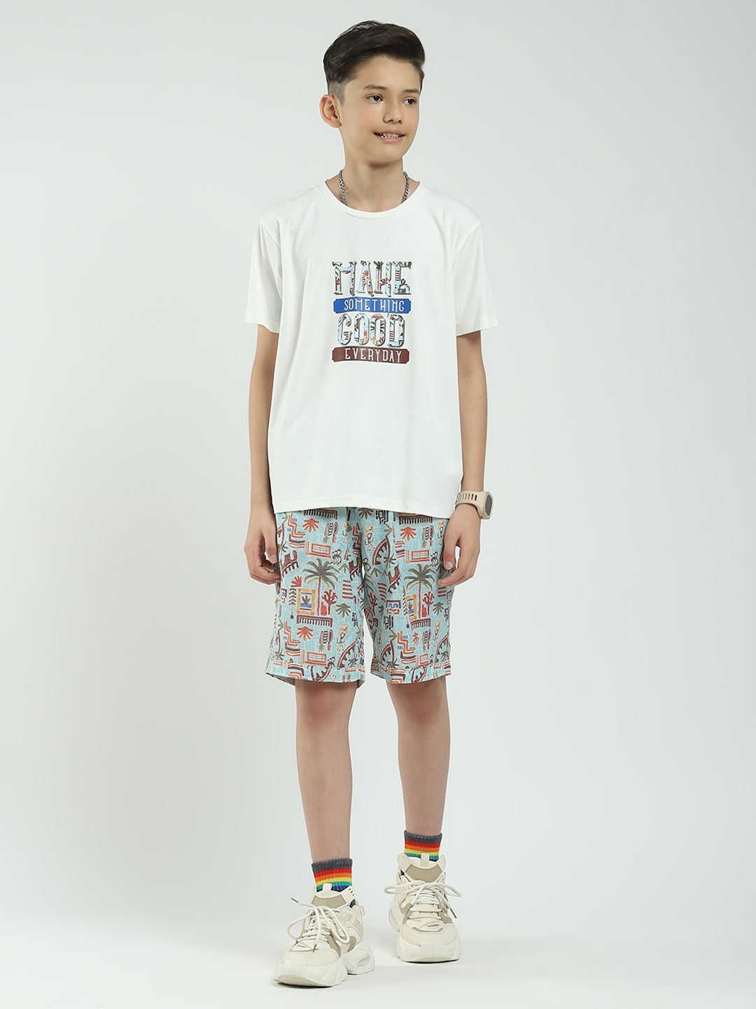 Boys Blue Printed Collar Half Sleeve Cords Set