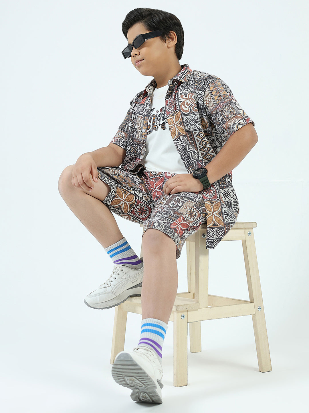 Boys Navy Blue Printed Collar Half Sleeve 3 Pcs Cords Set