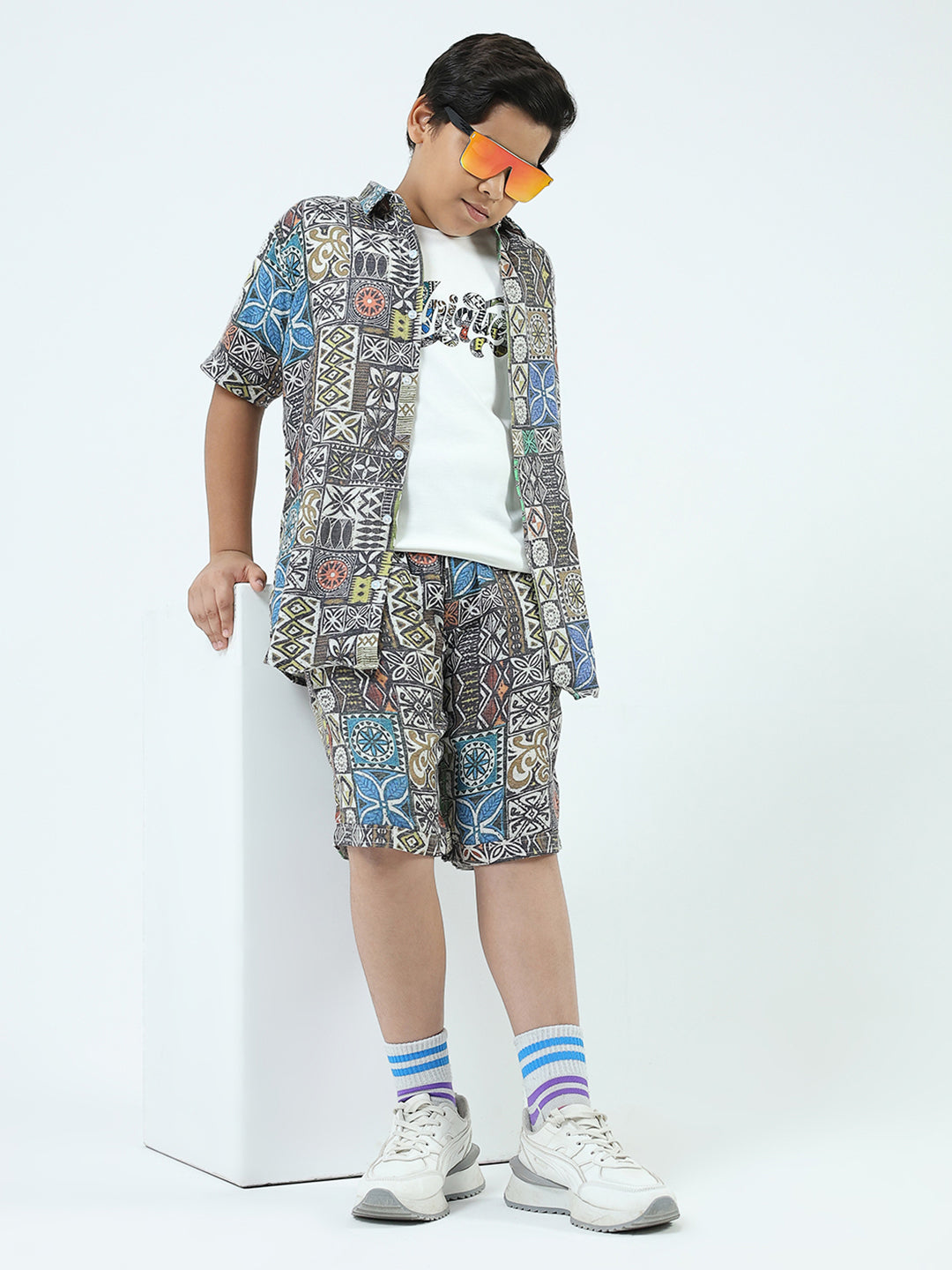 Boys Blue Printed Collar Half Sleeve 3 Pcs Cords Set