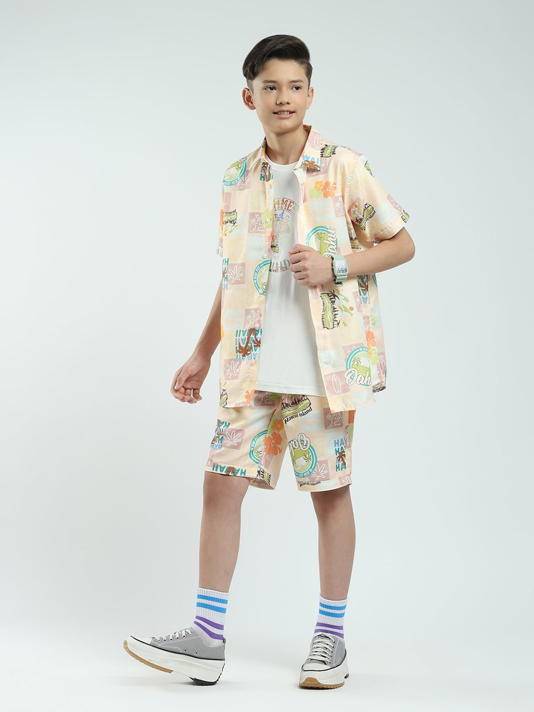 Boys Peach Printed Collar Half Sleeve Cords Set