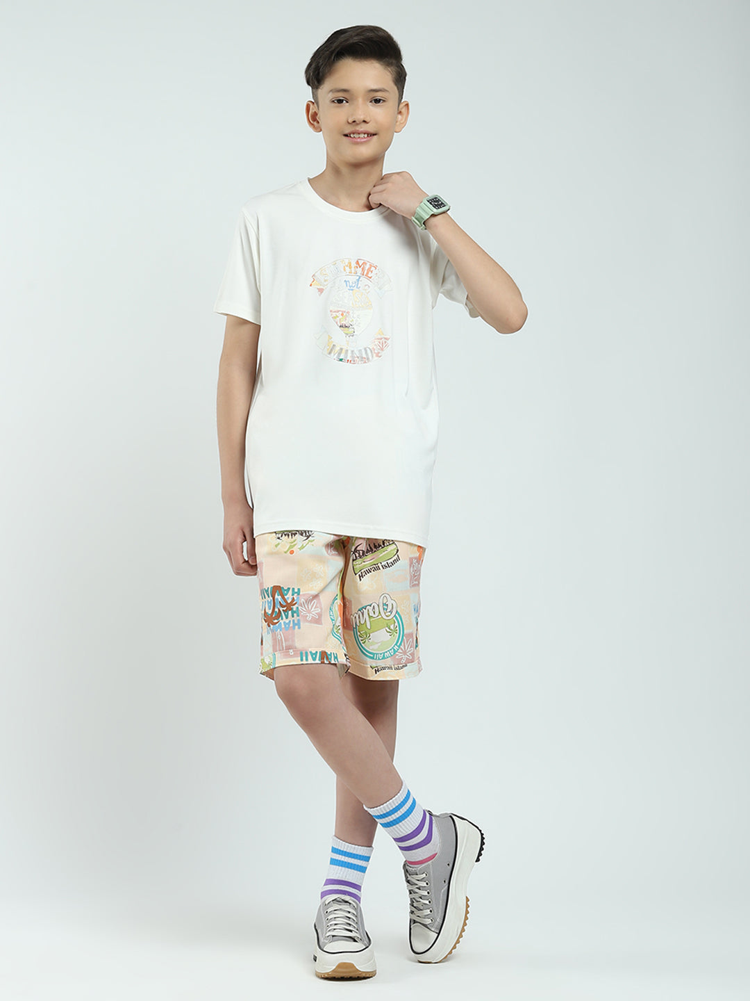Boys Peach Printed Collar Half Sleeve Cords Set