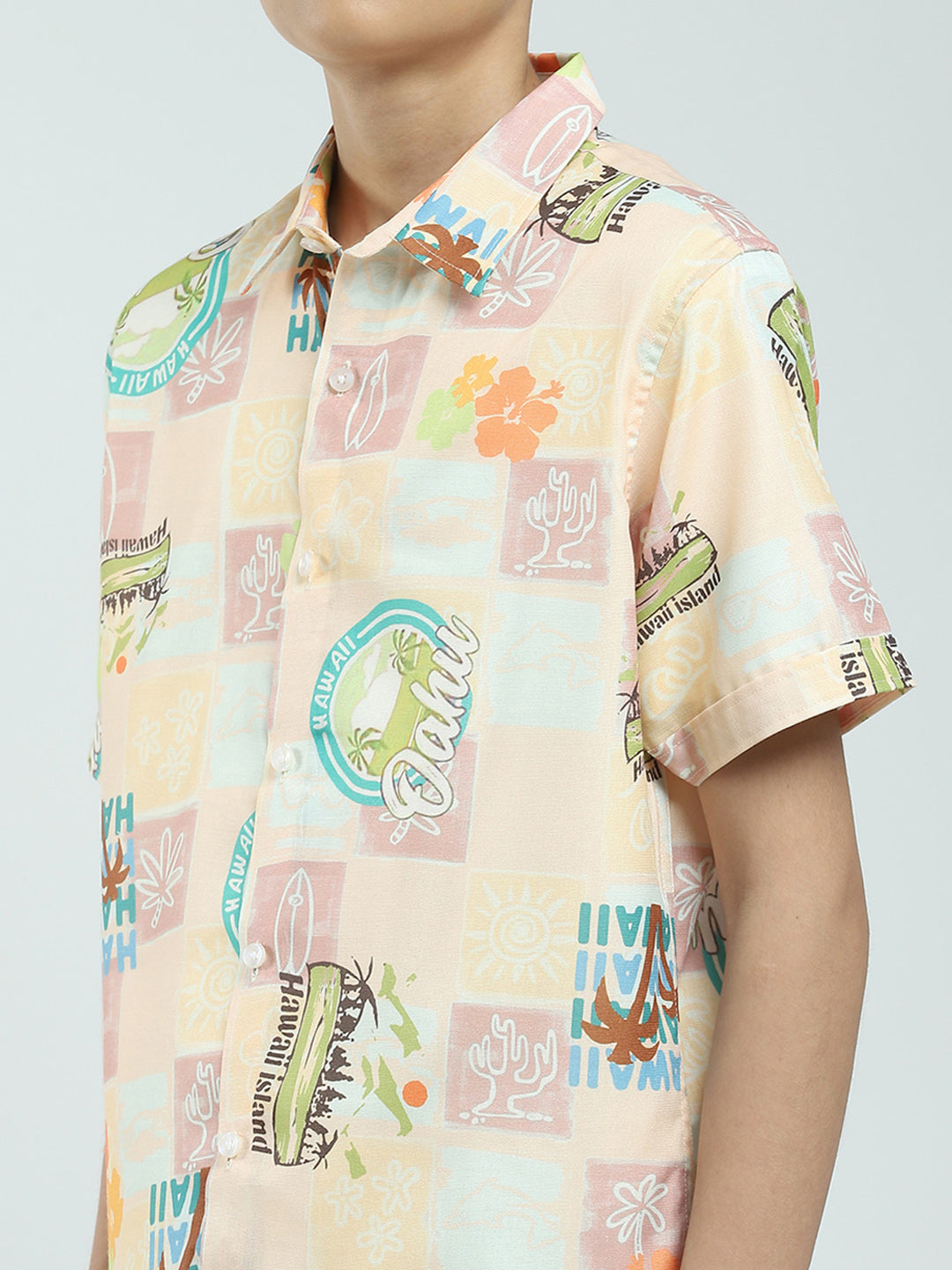 Boys Peach Printed Collar Half Sleeve Cords Set