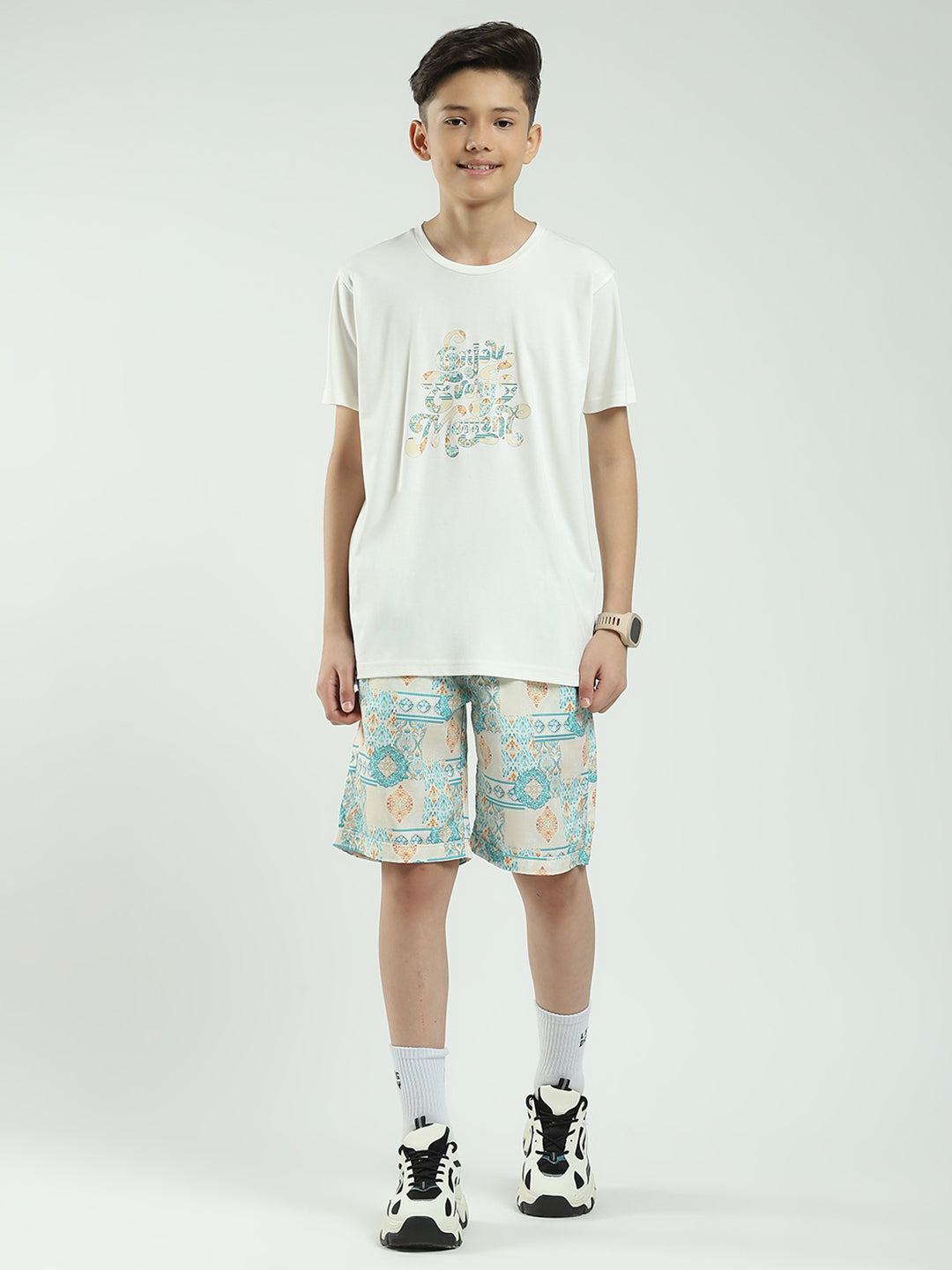 Boys Green Printed Collar Half Sleeve Cords Set