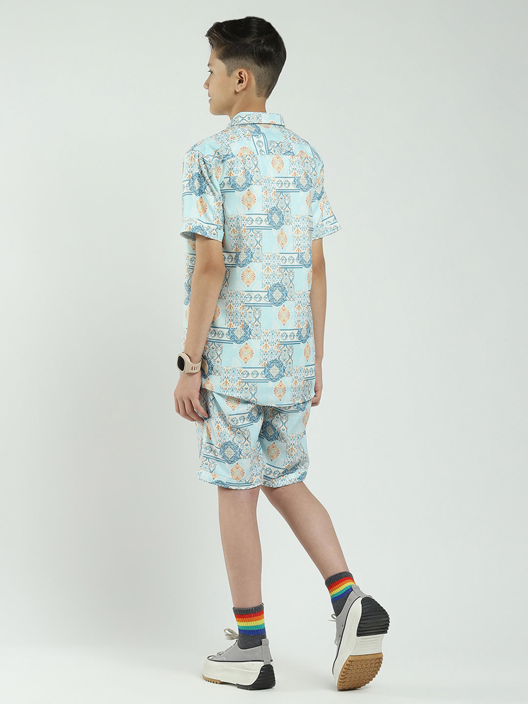 Boys Blue Printed Collar Half Sleeve Cords Set