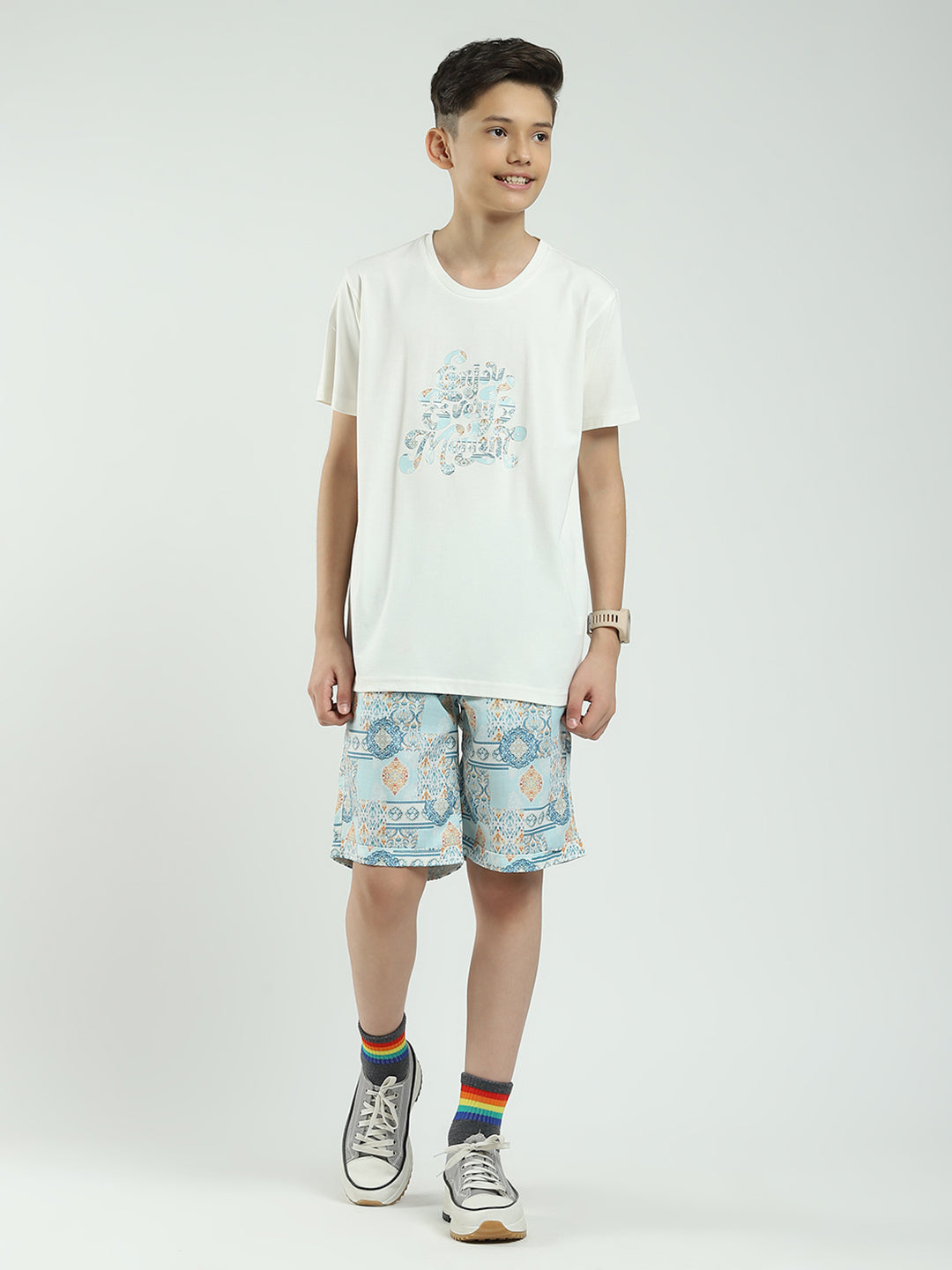 Boys Blue Printed Collar Half Sleeve Cords Set