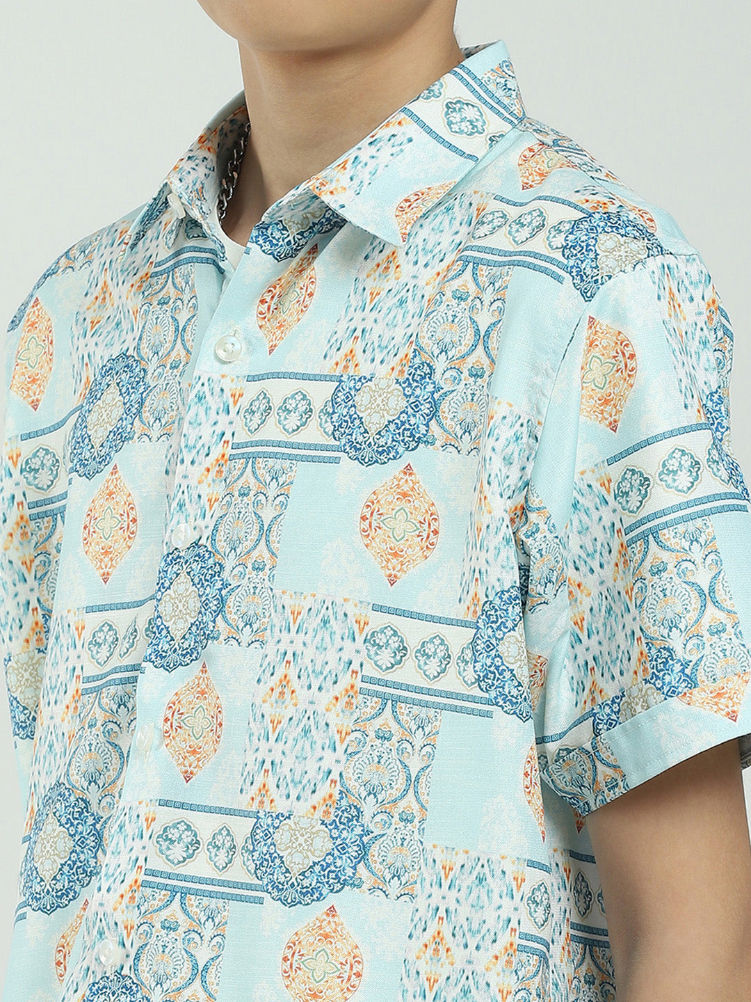 Boys Blue Printed Collar Half Sleeve Cords Set