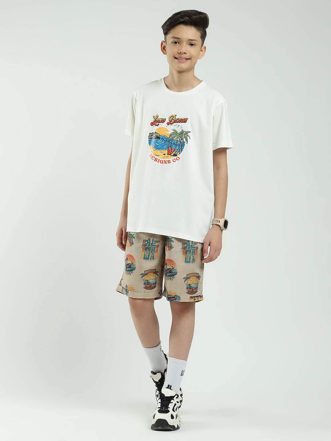 Boys Beige Printed Collar Half Sleeve Cords Set