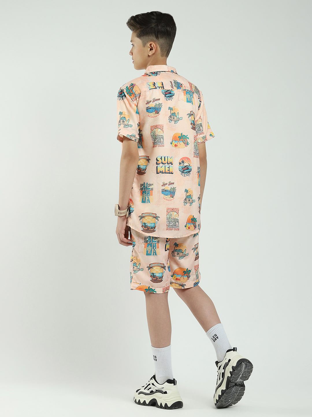Boys Peach Printed Collar Half Sleeve Cords Set