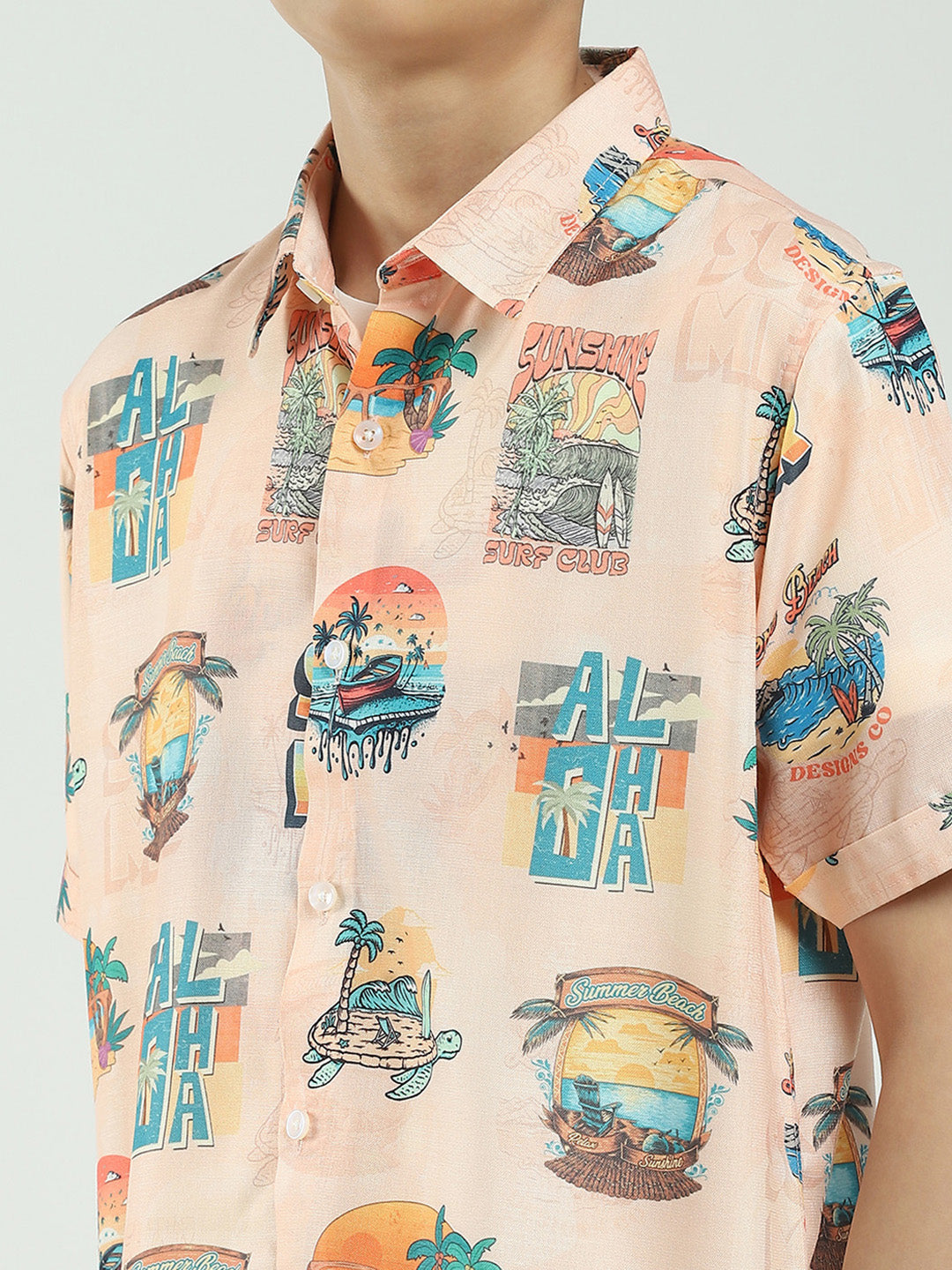 Boys Peach Printed Collar Half Sleeve Cords Set