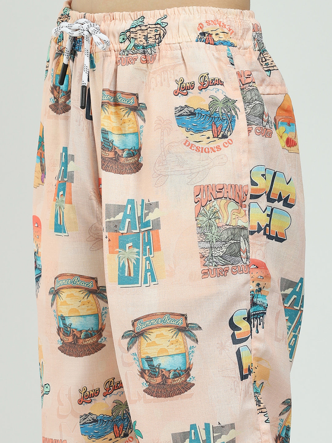 Boys Peach Printed Collar Half Sleeve Cords Set