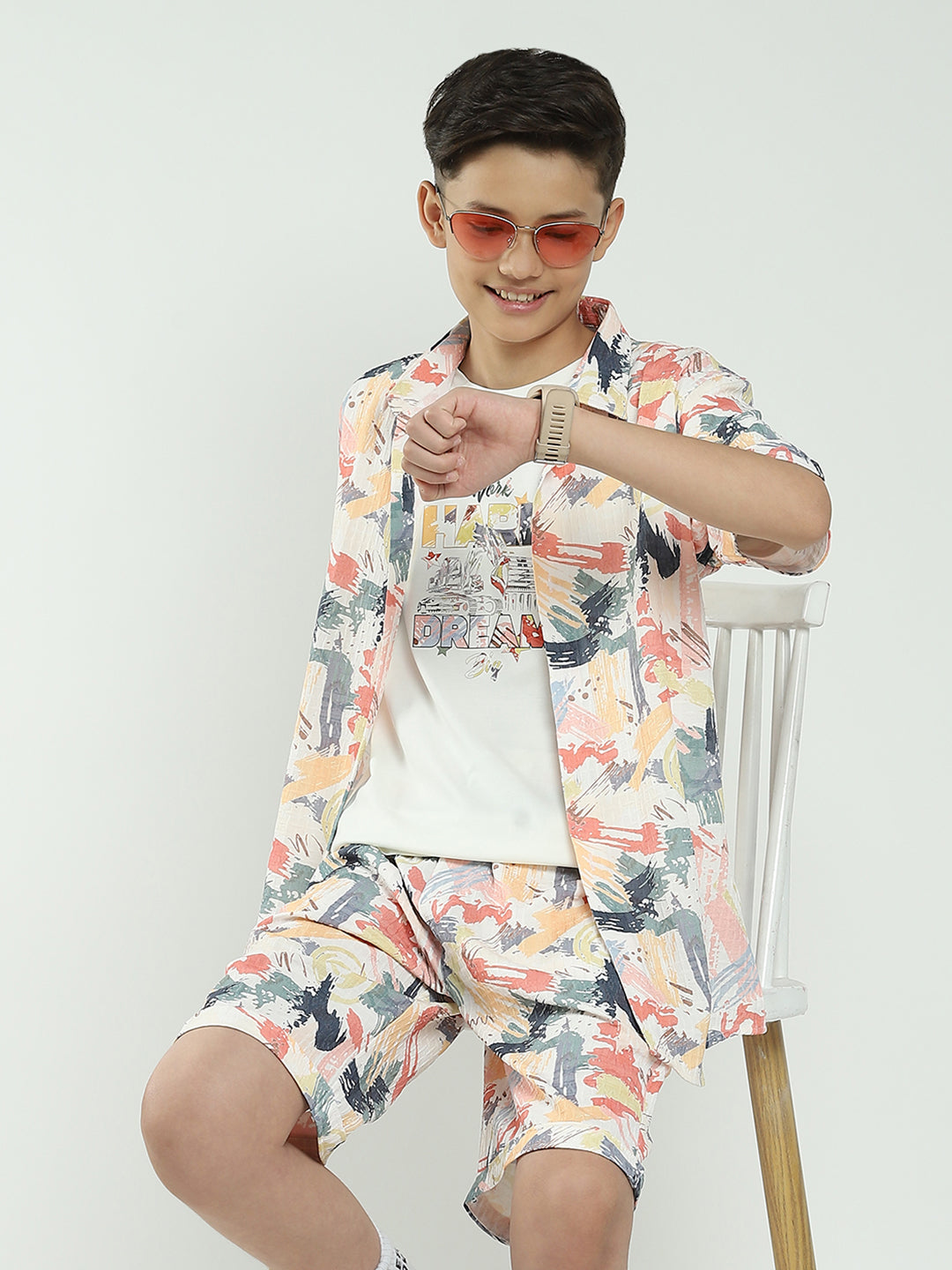 Boys Pink Printed Collar Half Sleeve Cords Set