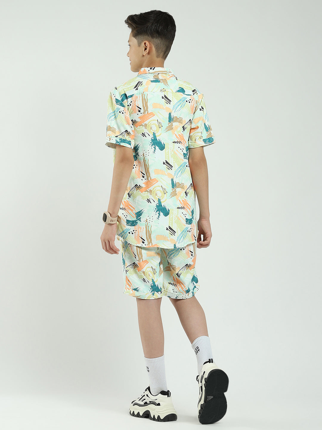 Boys Green Printed Collar Half Sleeve Cords Set