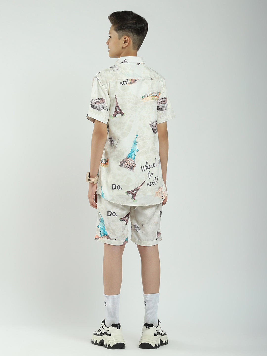 Boys Beige Printed Collar Half Sleeve Cords Set