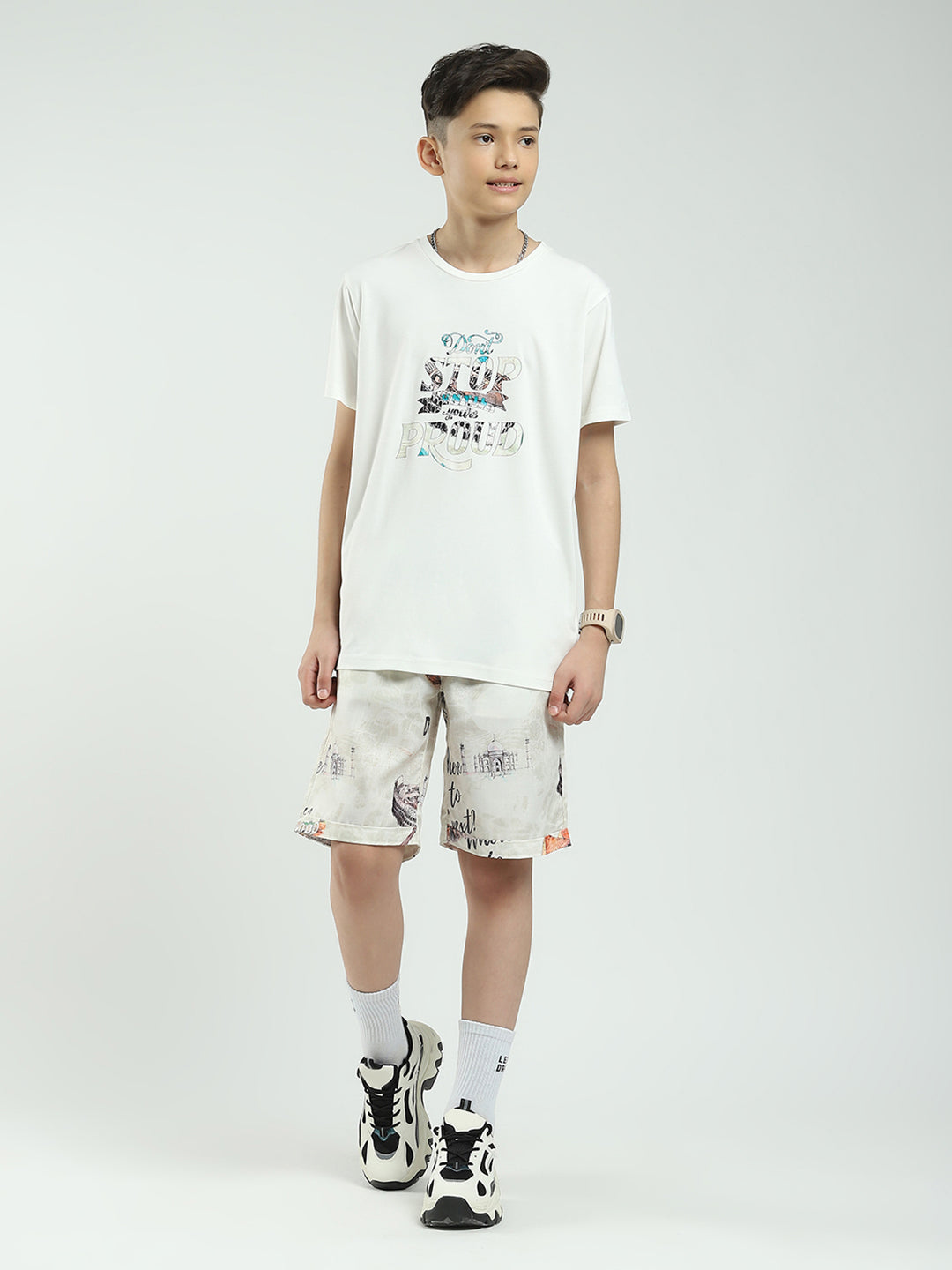 Boys Beige Printed Collar Half Sleeve Cords Set