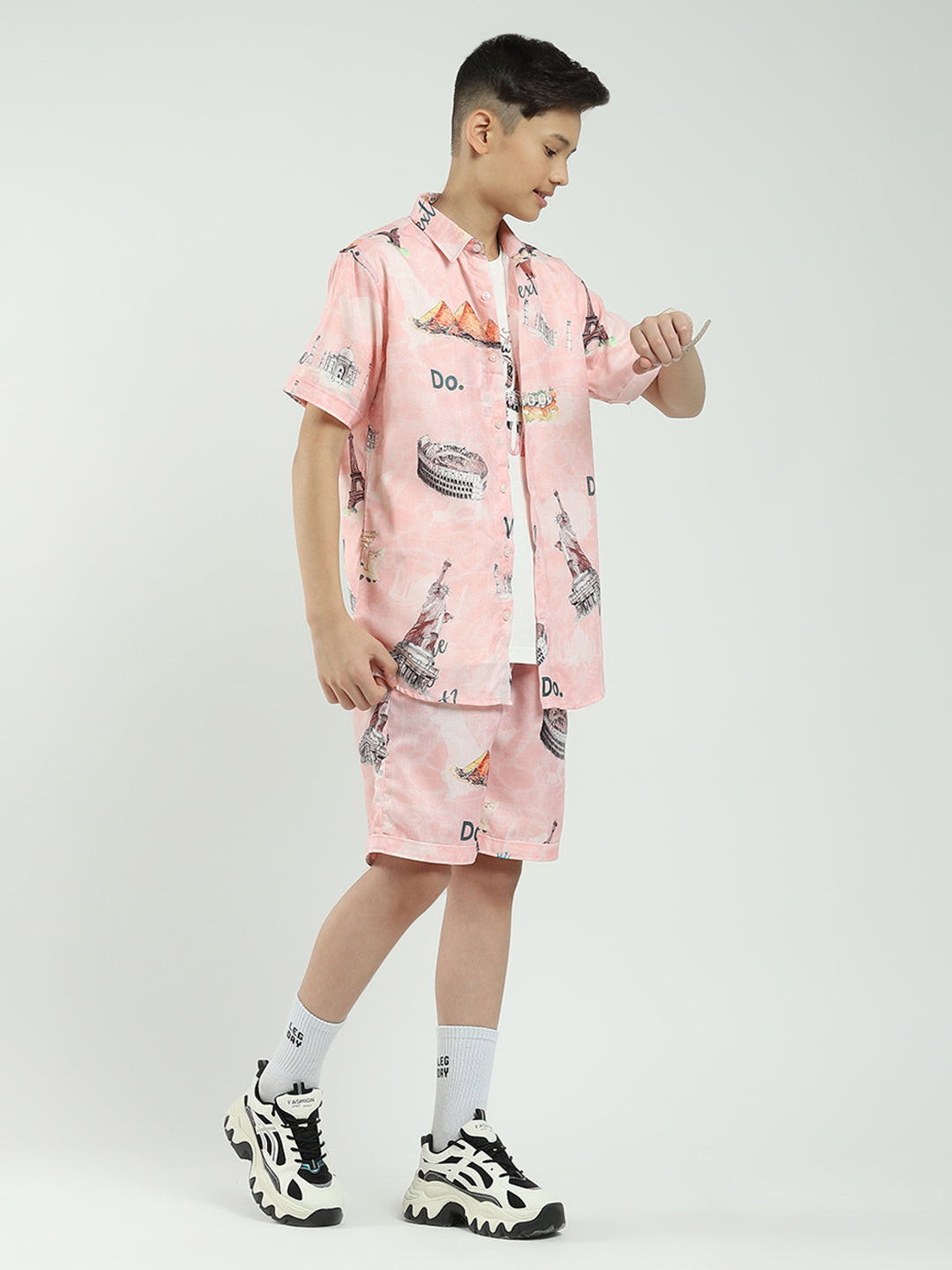 Boys Pink Printed Collar Half Sleeve Cords Set