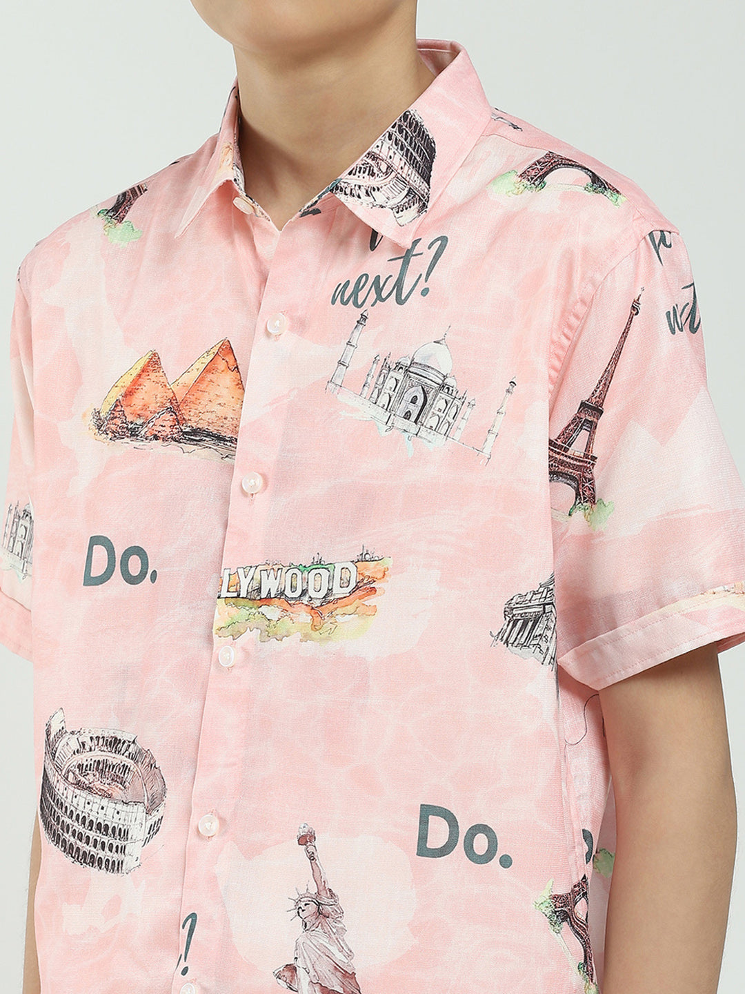 Boys Pink Printed Collar Half Sleeve Cords Set