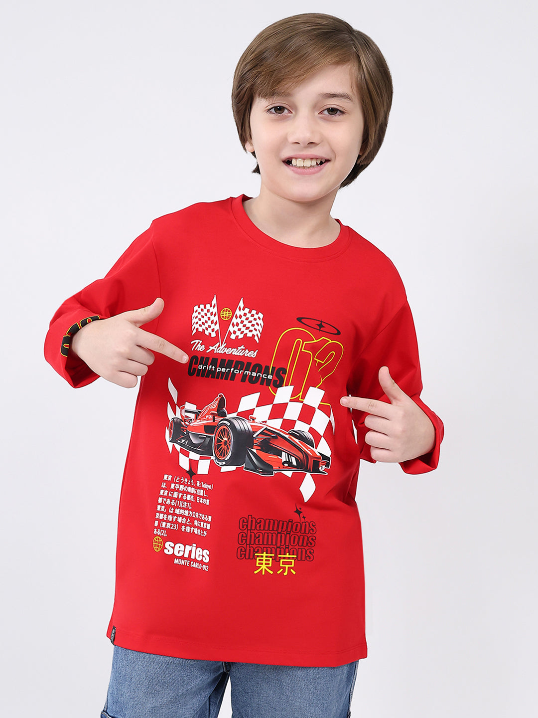 Boys Red Printed Round Neck Full Sleeve Winter T-Shirt