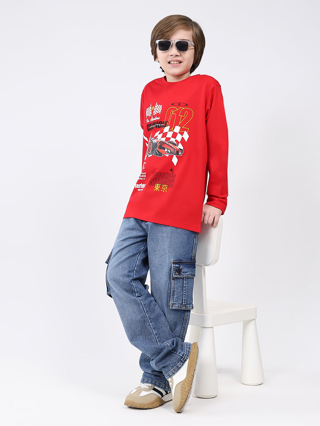 Boys Red Printed Round Neck Full Sleeve Winter T-Shirt