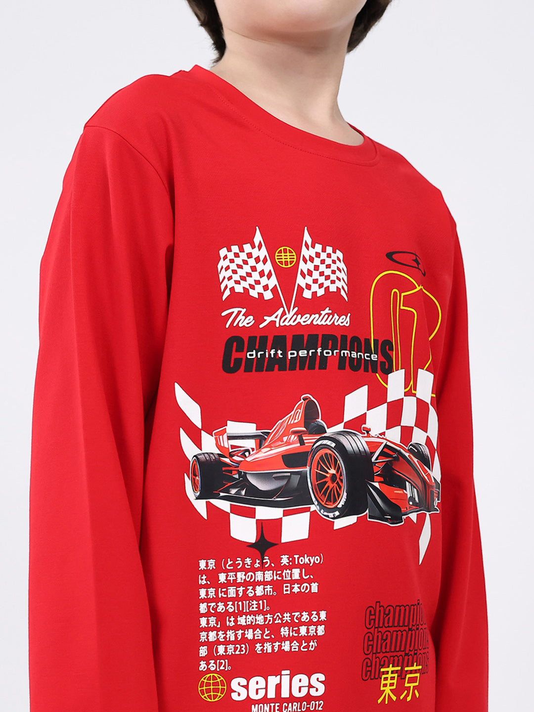 Boys Red Printed Round Neck Full Sleeve Winter T-Shirt