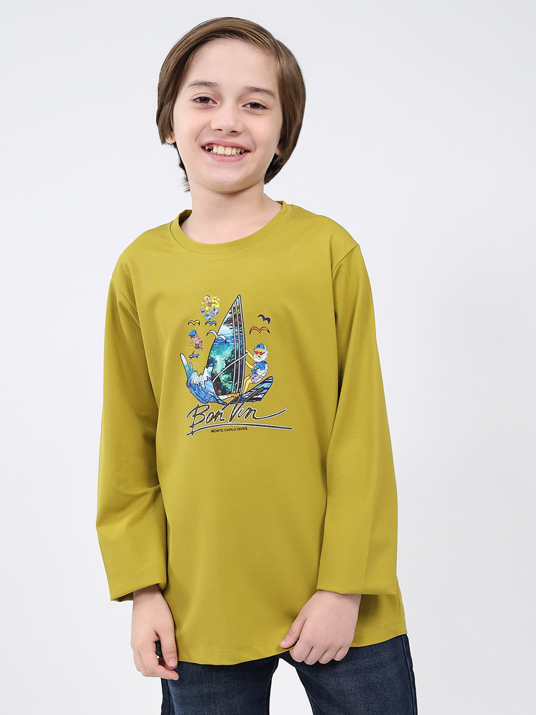 Boys Mustard Printed Round Neck Full Sleeve Winter T-Shirt