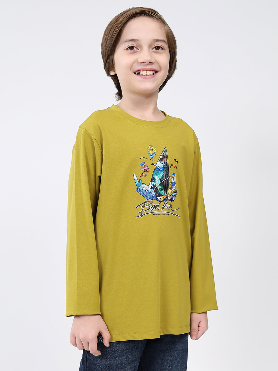 Boys Mustard Printed Round Neck Full Sleeve Winter T-Shirt