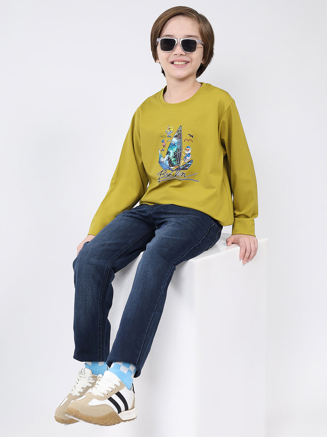 Boys Mustard Printed Round Neck Full Sleeve Winter T-Shirt