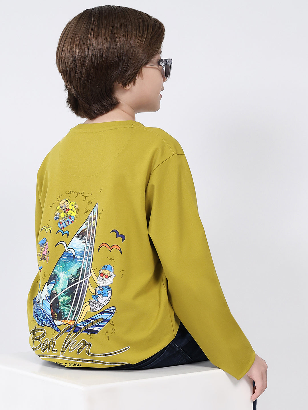 Boys Mustard Printed Round Neck Full Sleeve Winter T-Shirt