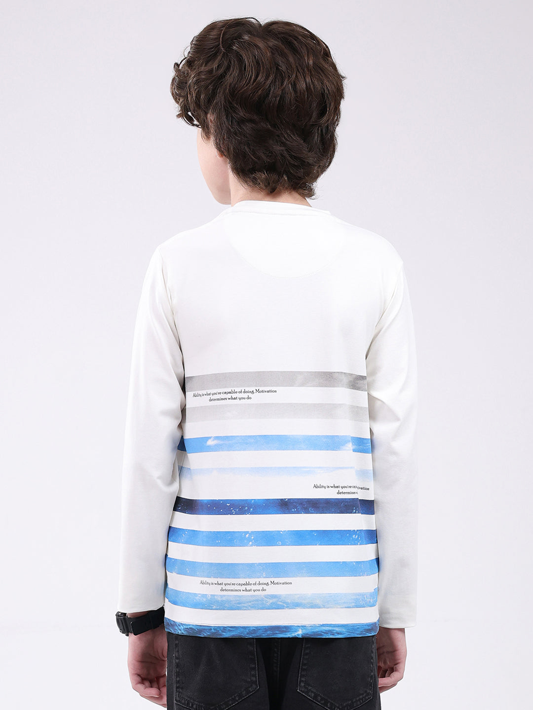 Boys Off White Printed Round Neck Full Sleeve Winter T-Shirt