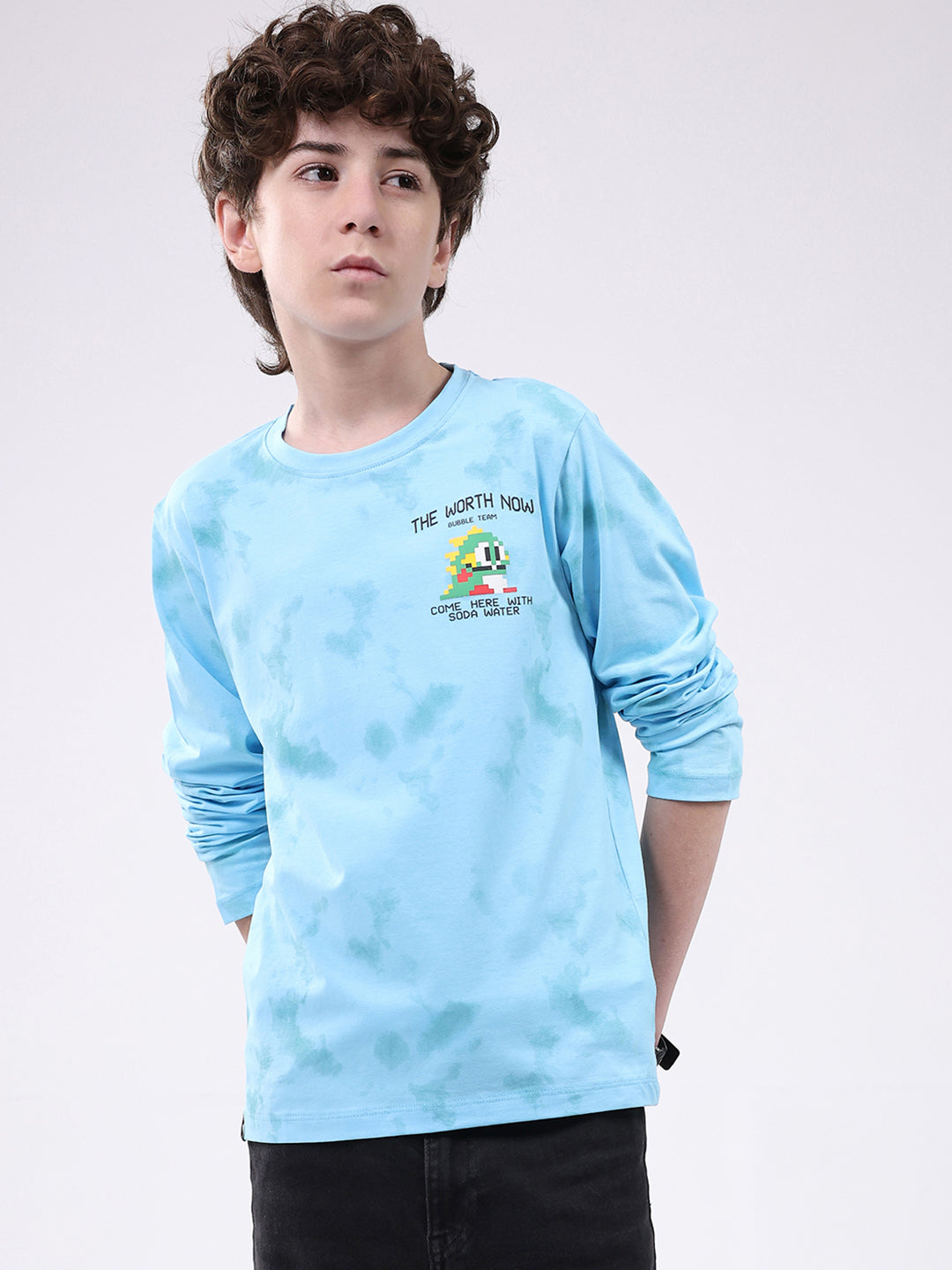Boys Sky Blue Printed Round Neck Full Sleeve Winter T-Shirt