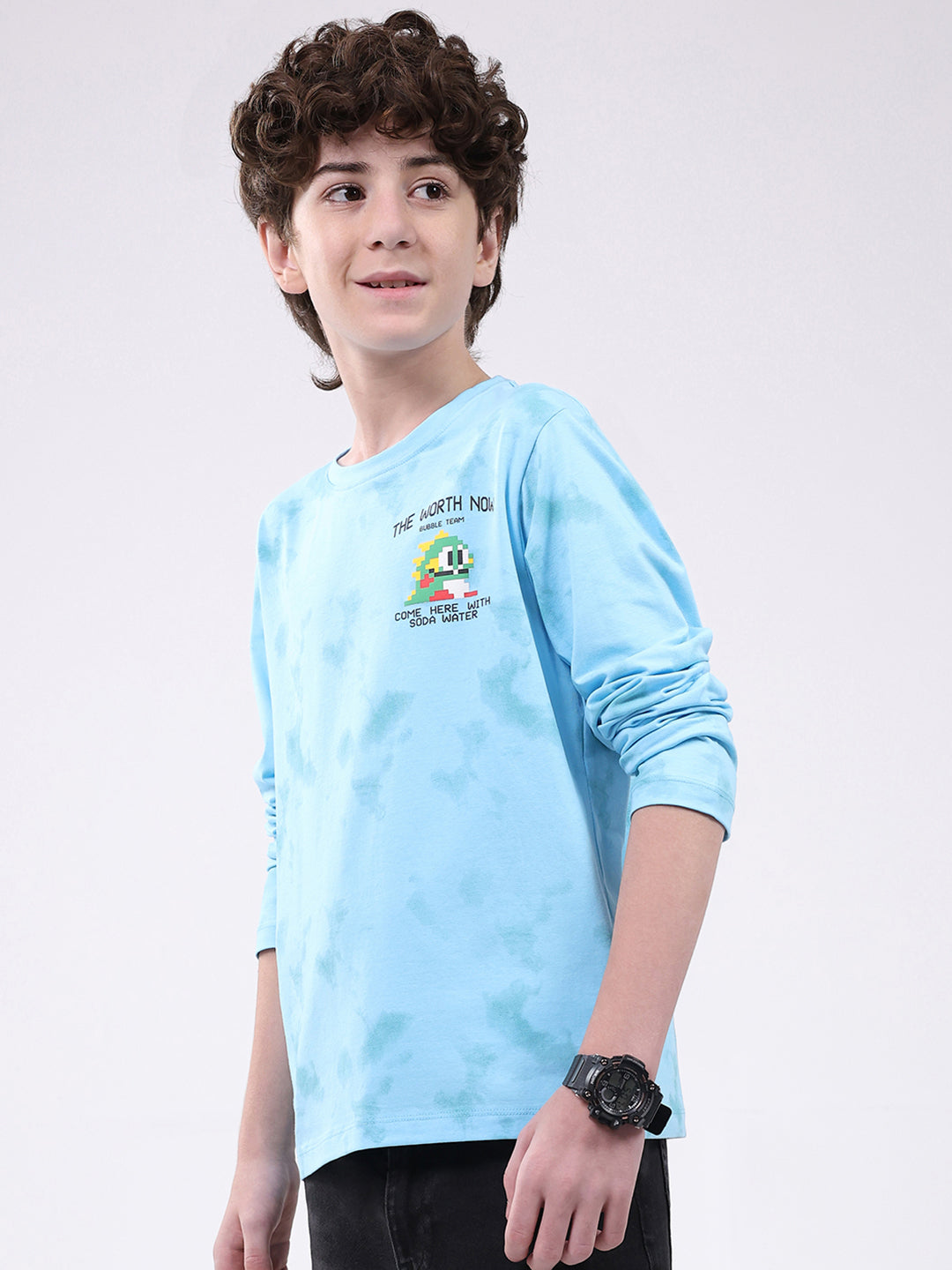 Boys Sky Blue Printed Round Neck Full Sleeve Winter T-Shirt