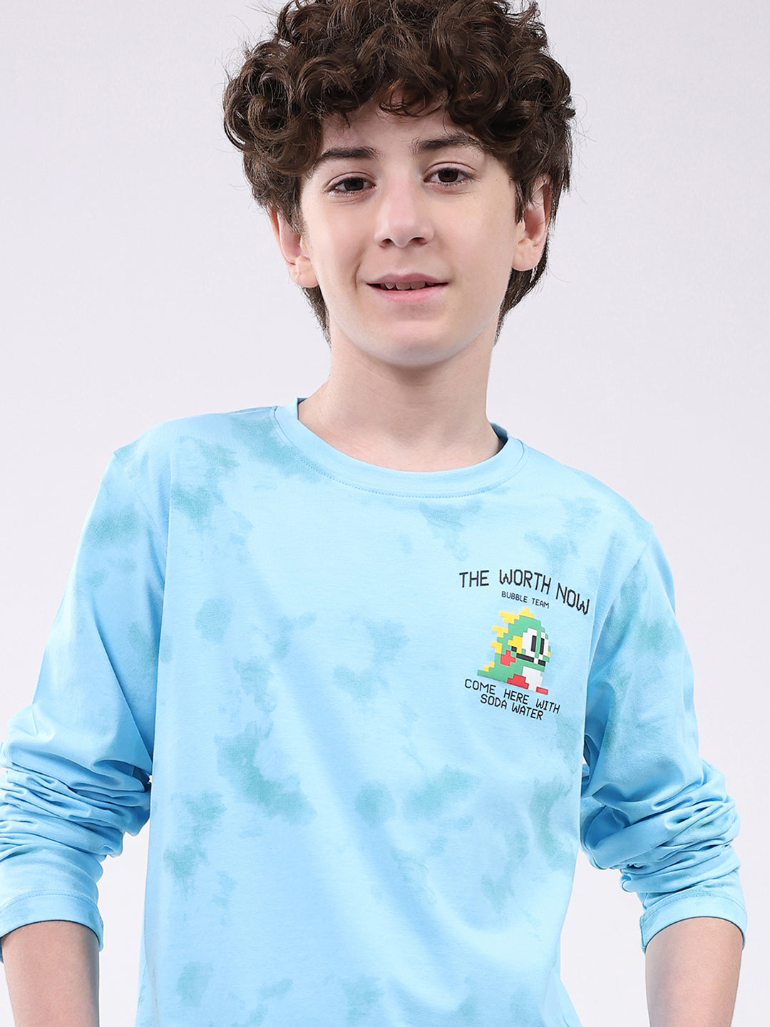 Boys Sky Blue Printed Round Neck Full Sleeve Winter T-Shirt