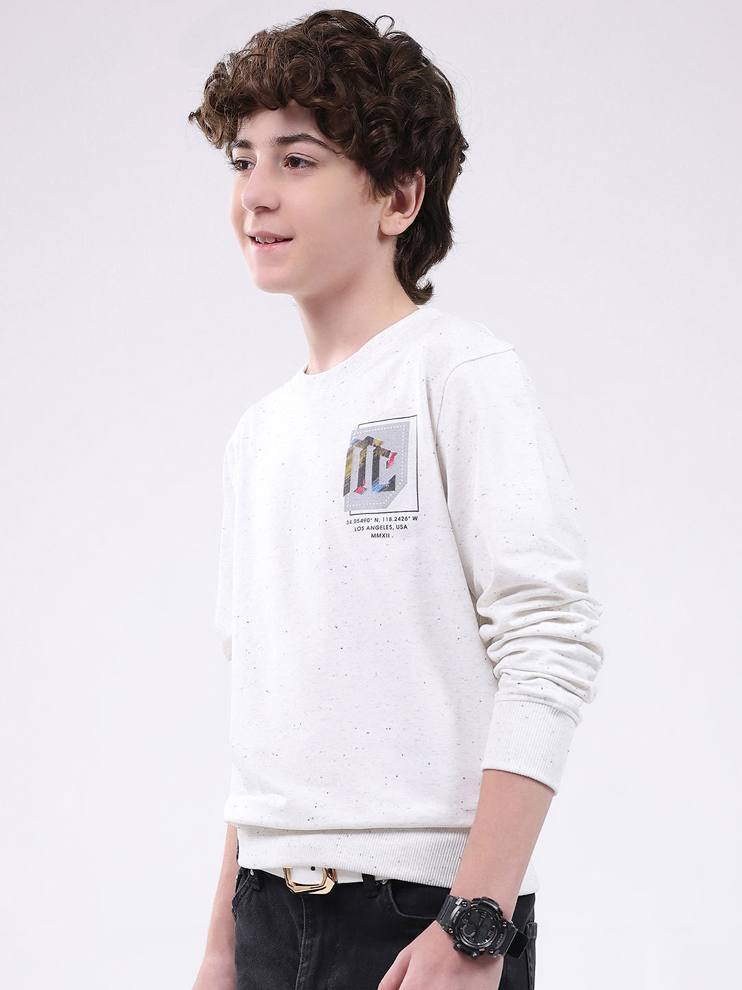 Boys White Printed Round Neck Full Sleeve Winter T-Shirt