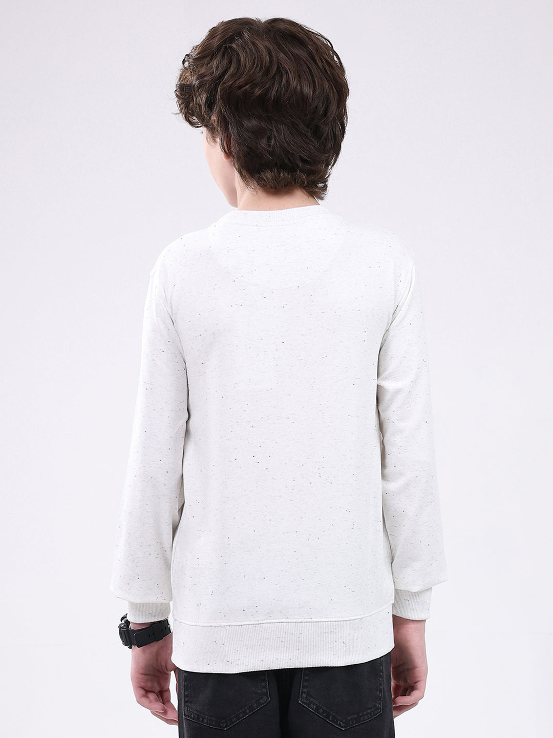 Boys White Printed Round Neck Full Sleeve Winter T-Shirt