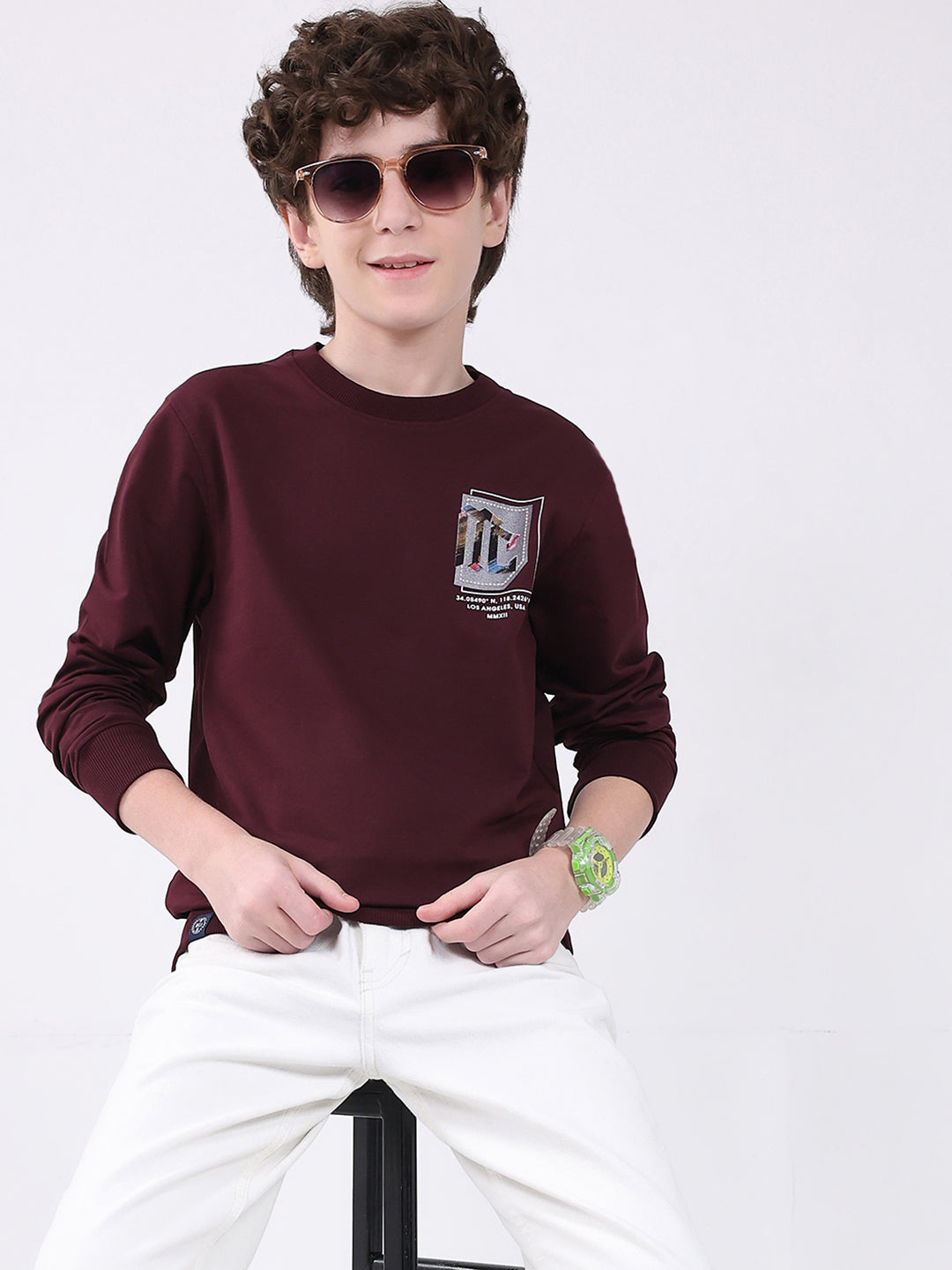 Boys Maroon Printed Round Neck Full Sleeve Winter T-Shirt