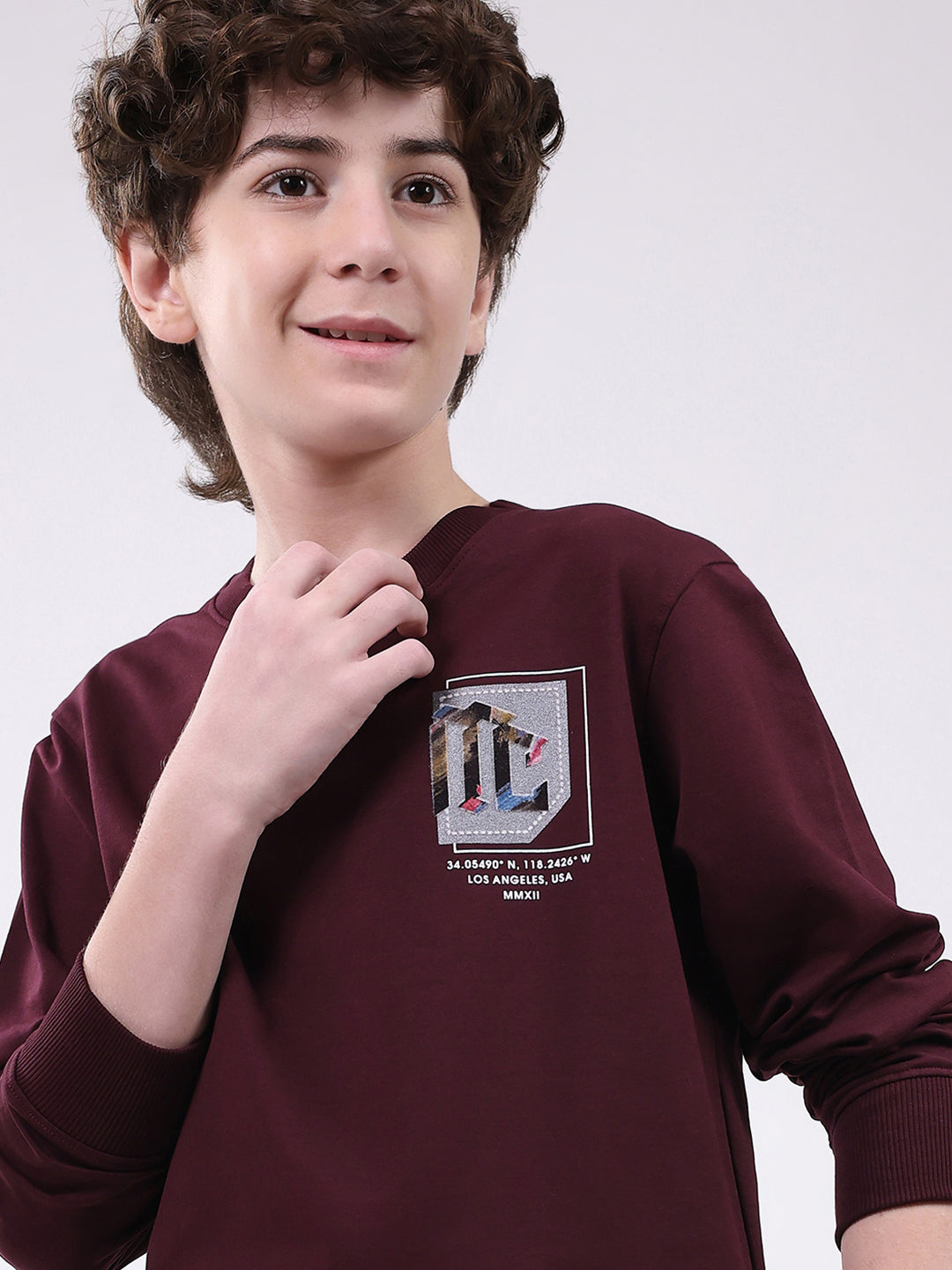 Boys Maroon Printed Round Neck Full Sleeve Winter T-Shirt