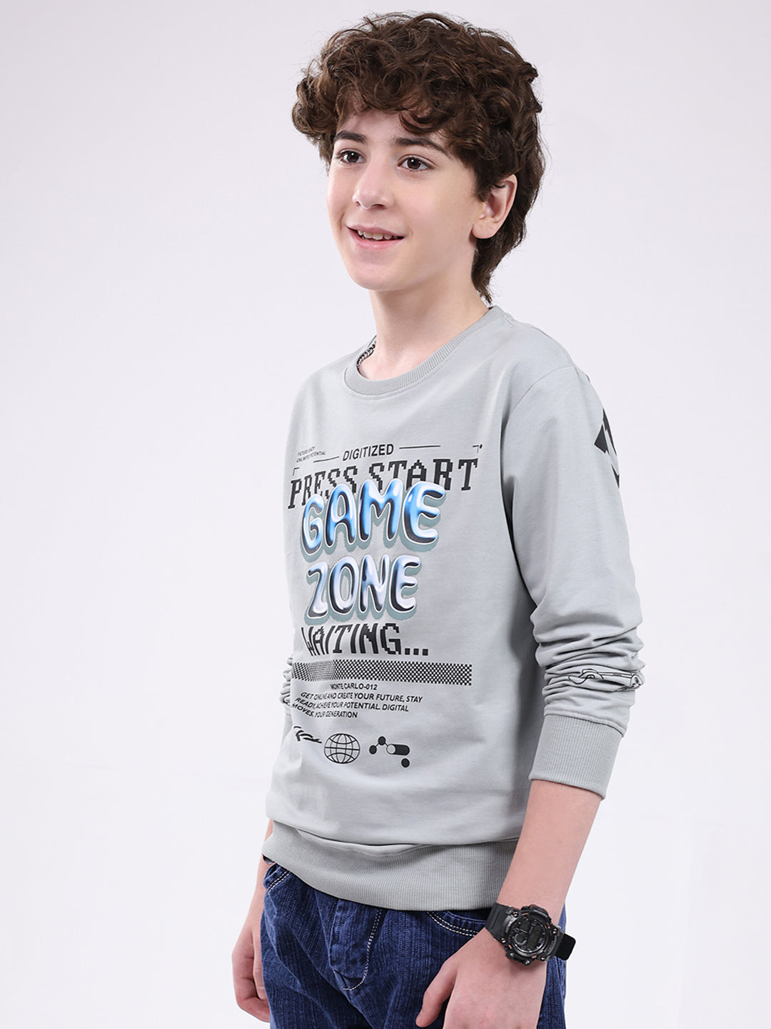 Boys Grey Printed Round Neck Full Sleeve Winter T-Shirt