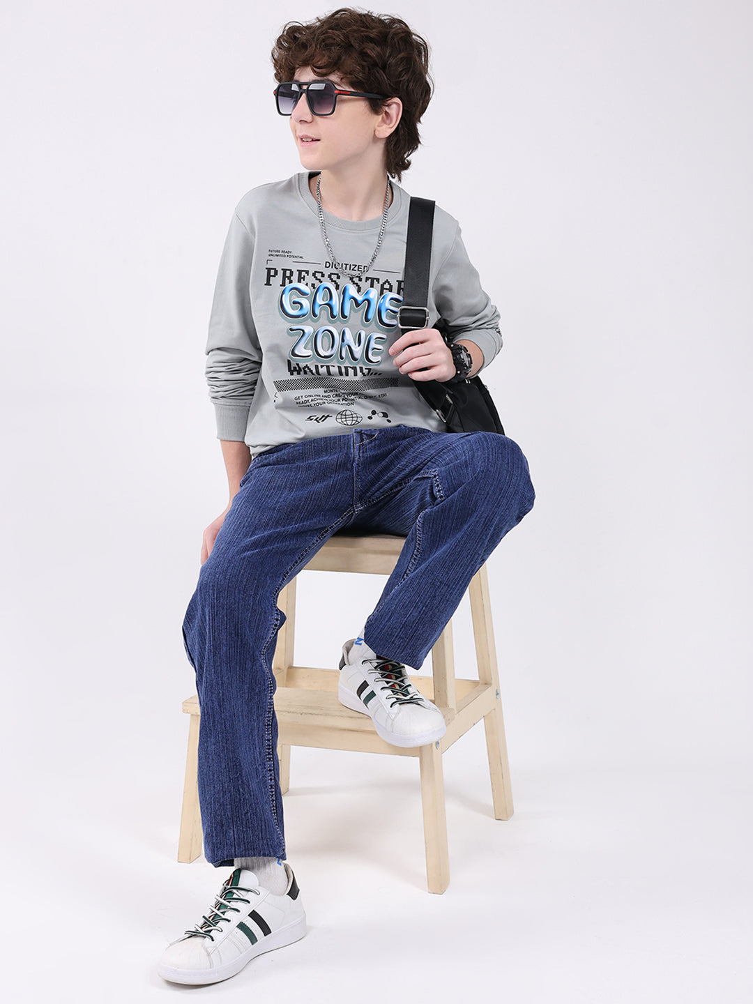 Boys Grey Printed Round Neck Full Sleeve Winter T-Shirt