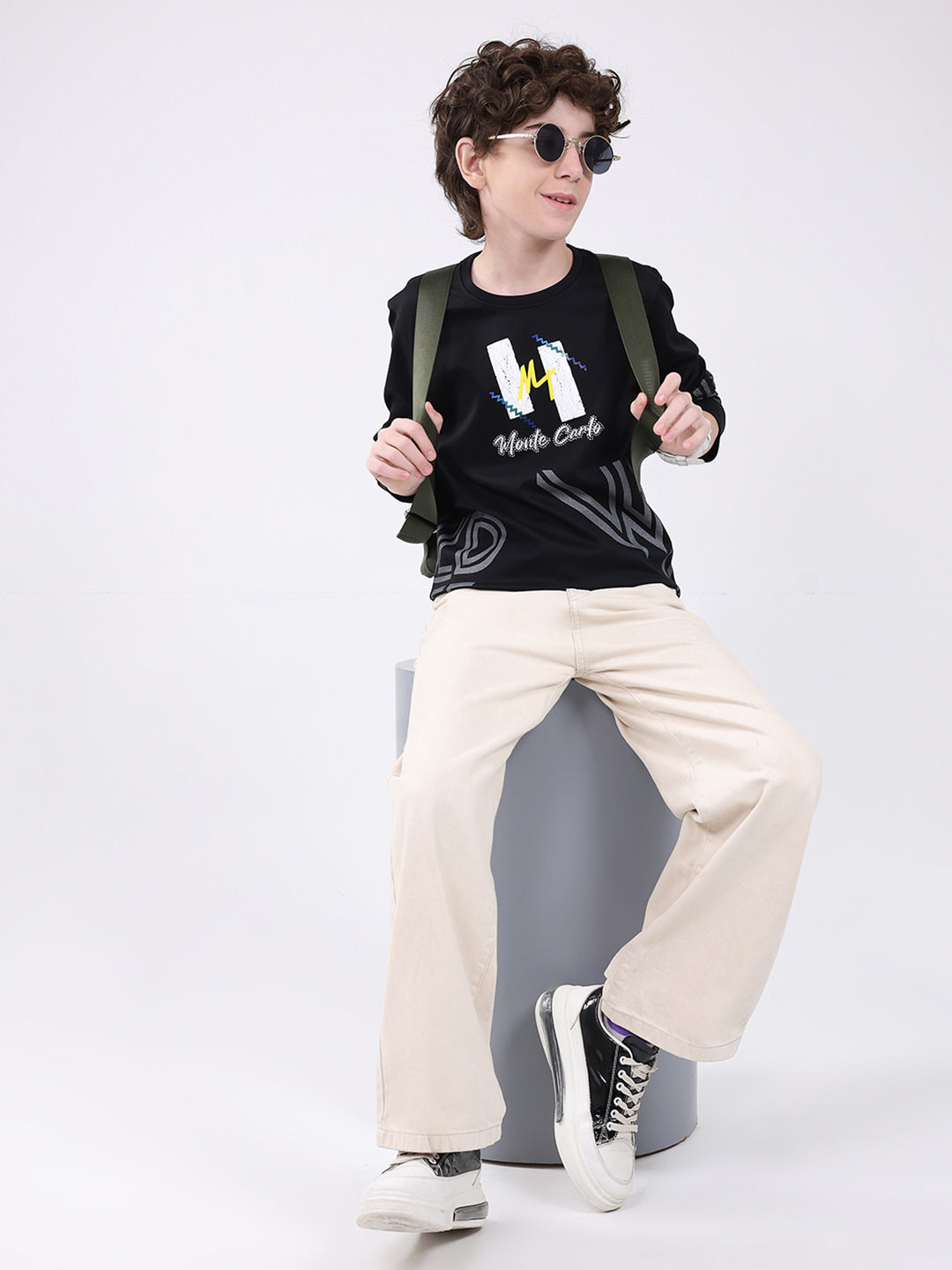 Boys Black Printed Round Neck Full Sleeve Winter T-Shirt