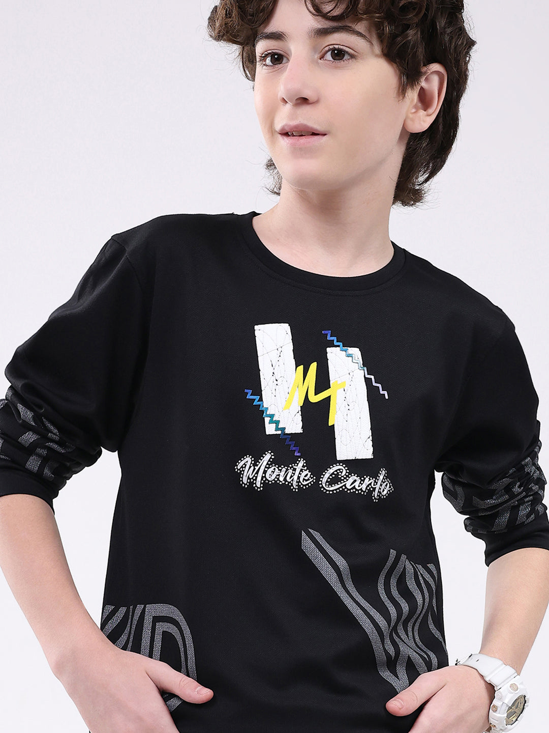 Boys Black Printed Round Neck Full Sleeve Winter T-Shirt