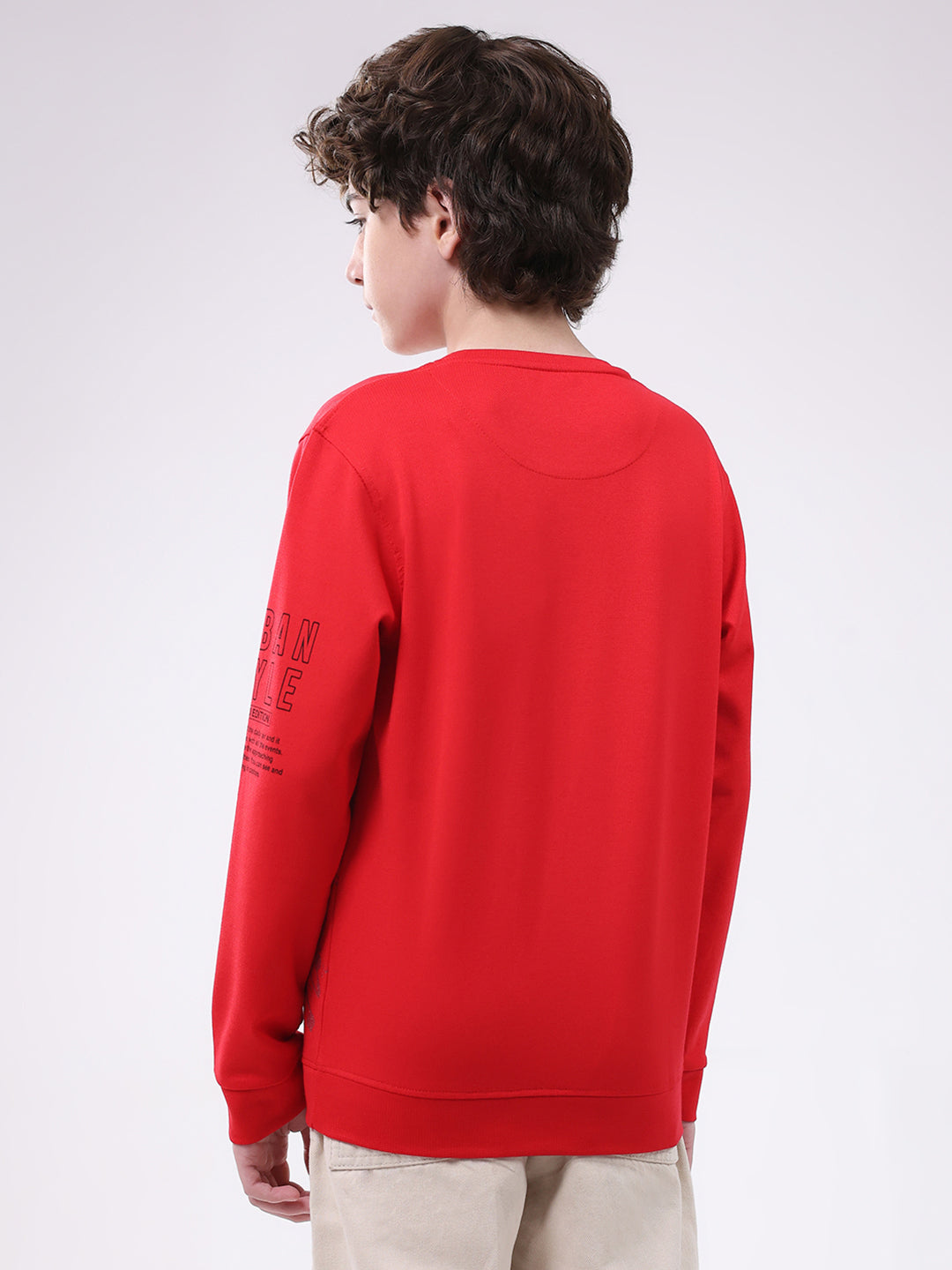 Boys Red Printed Round Neck Full Sleeve Winter T-Shirt