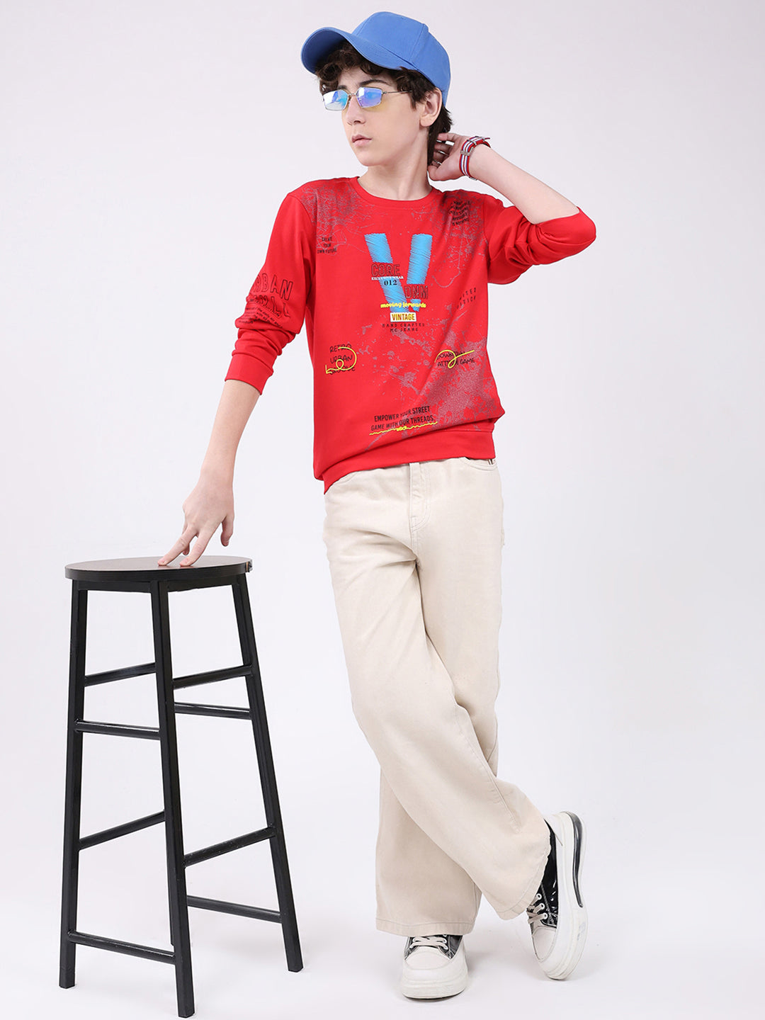 Boys Red Printed Round Neck Full Sleeve Winter T-Shirt