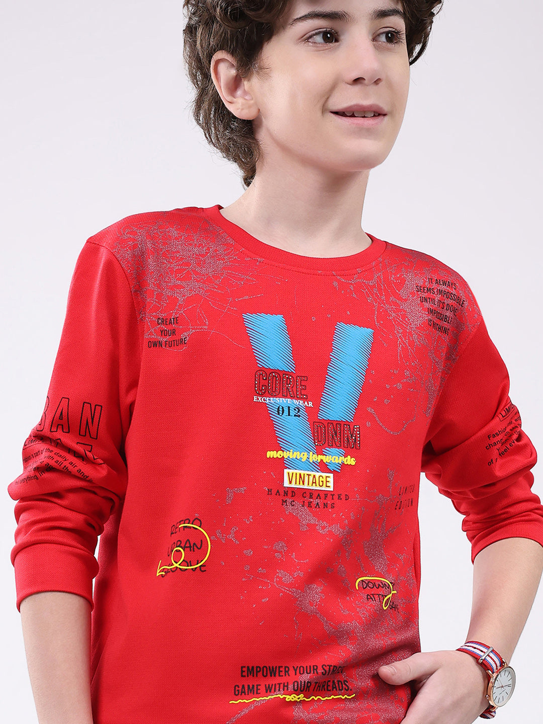 Boys Red Printed Round Neck Full Sleeve Winter T-Shirt
