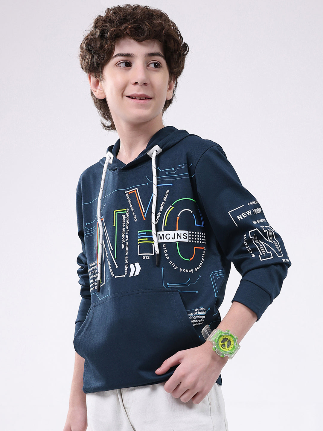 Boys Teal Blue Printed Hooded Full Sleeve Winter T-Shirt