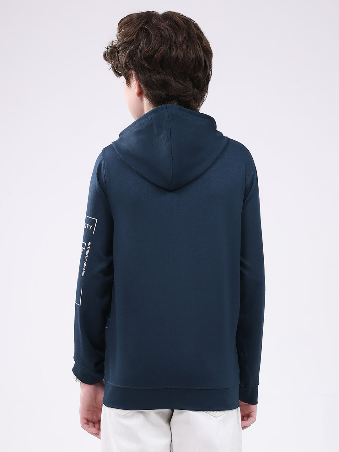 Boys Teal Blue Printed Hooded Full Sleeve Winter T-Shirt