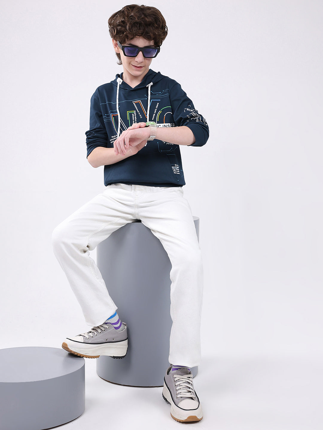 Boys Teal Blue Printed Hooded Full Sleeve Winter T-Shirt