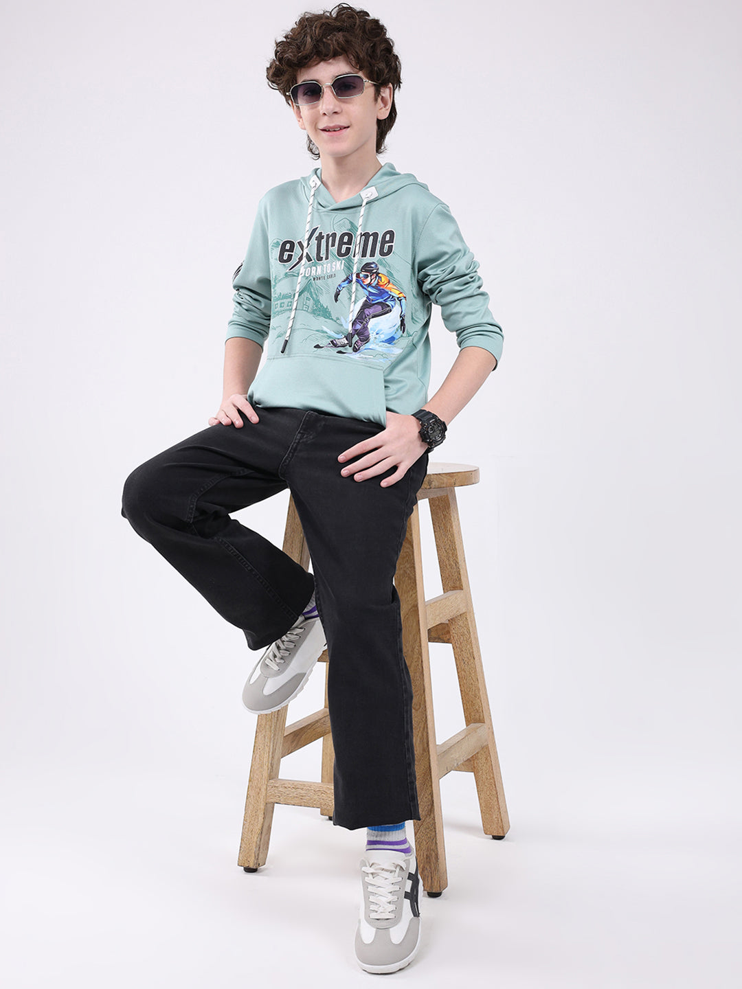 Boys Green Printed Hooded Full Sleeve Winter T-Shirt