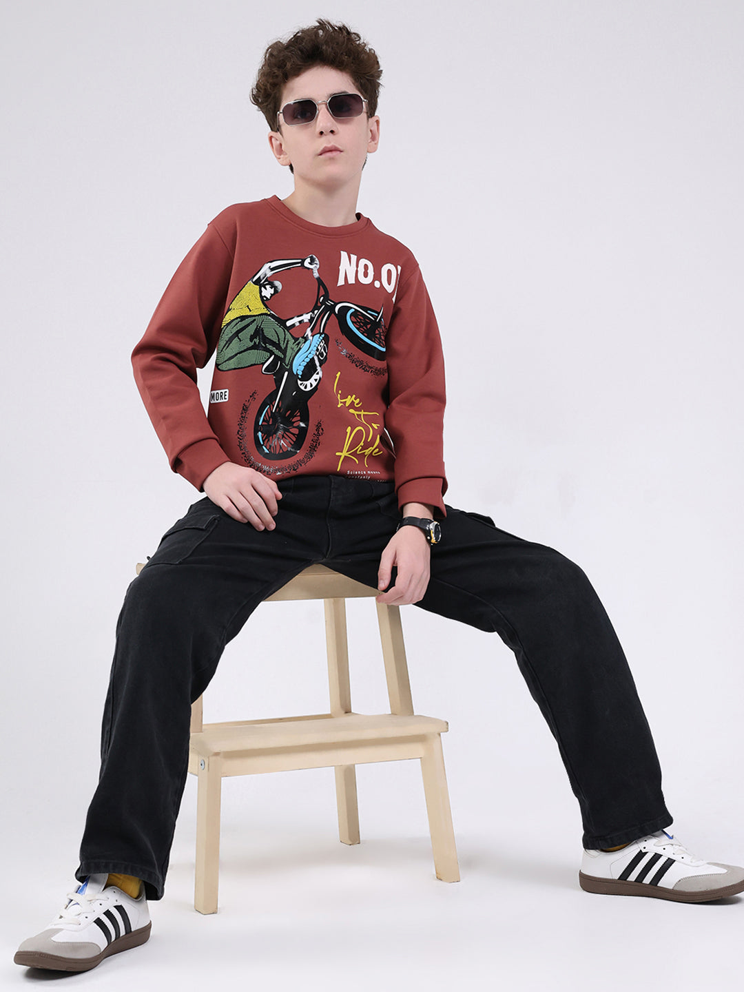 Boys Brown Printed Round Neck Full Sleeve Sweatshirt